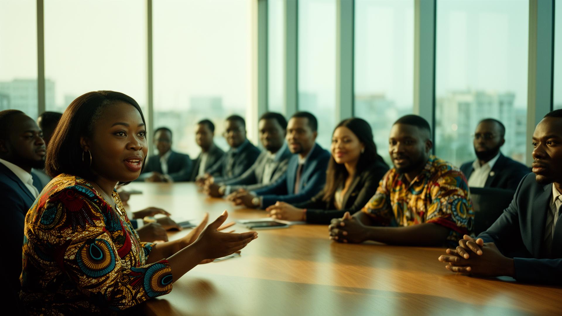 Nigerian civic leaders in animated discussion around a conference table in a sunlit Lagos meeting room
