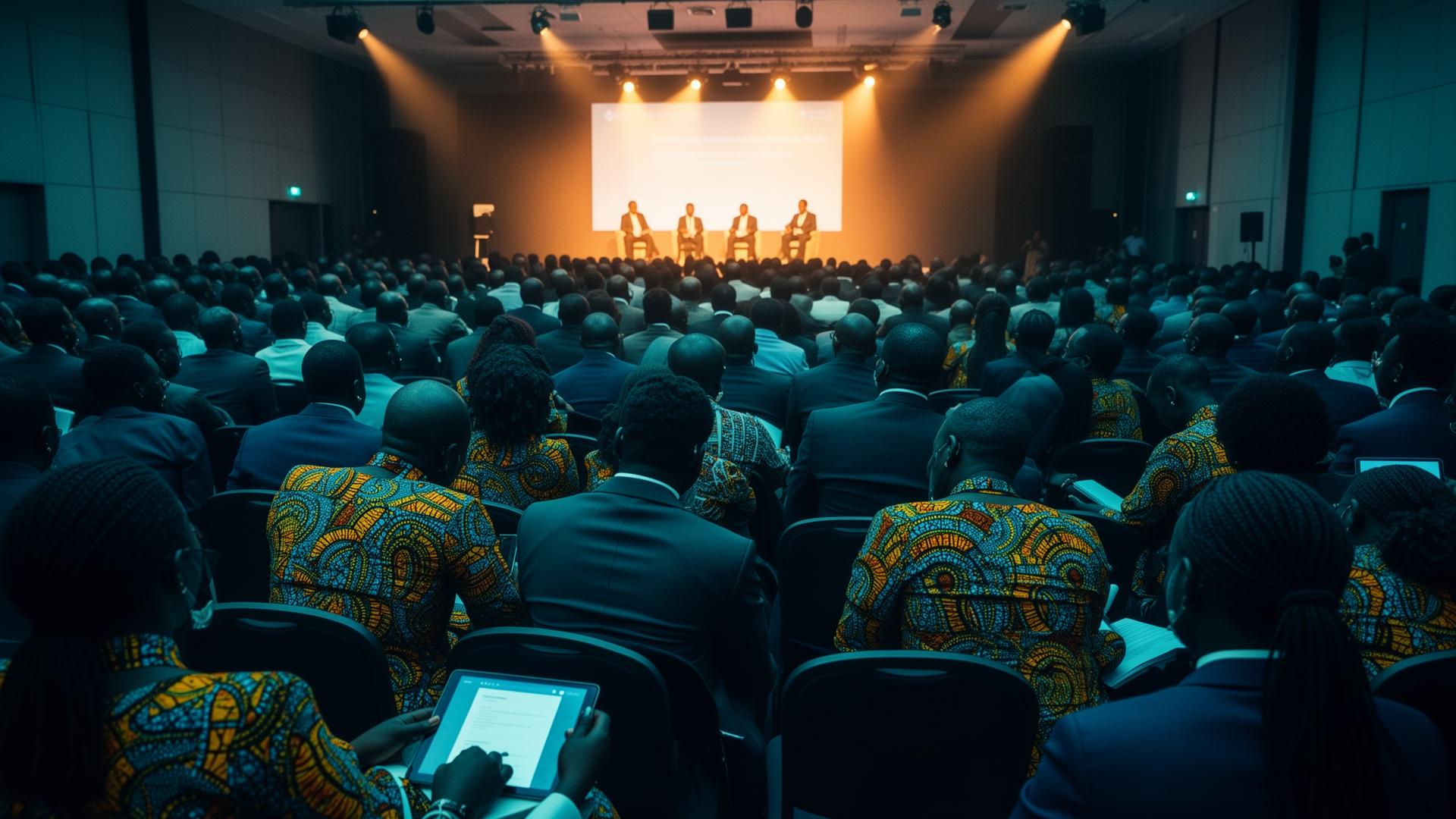 A packed Nigerian summit audience in modern conference seating, facing a backlit panel stage