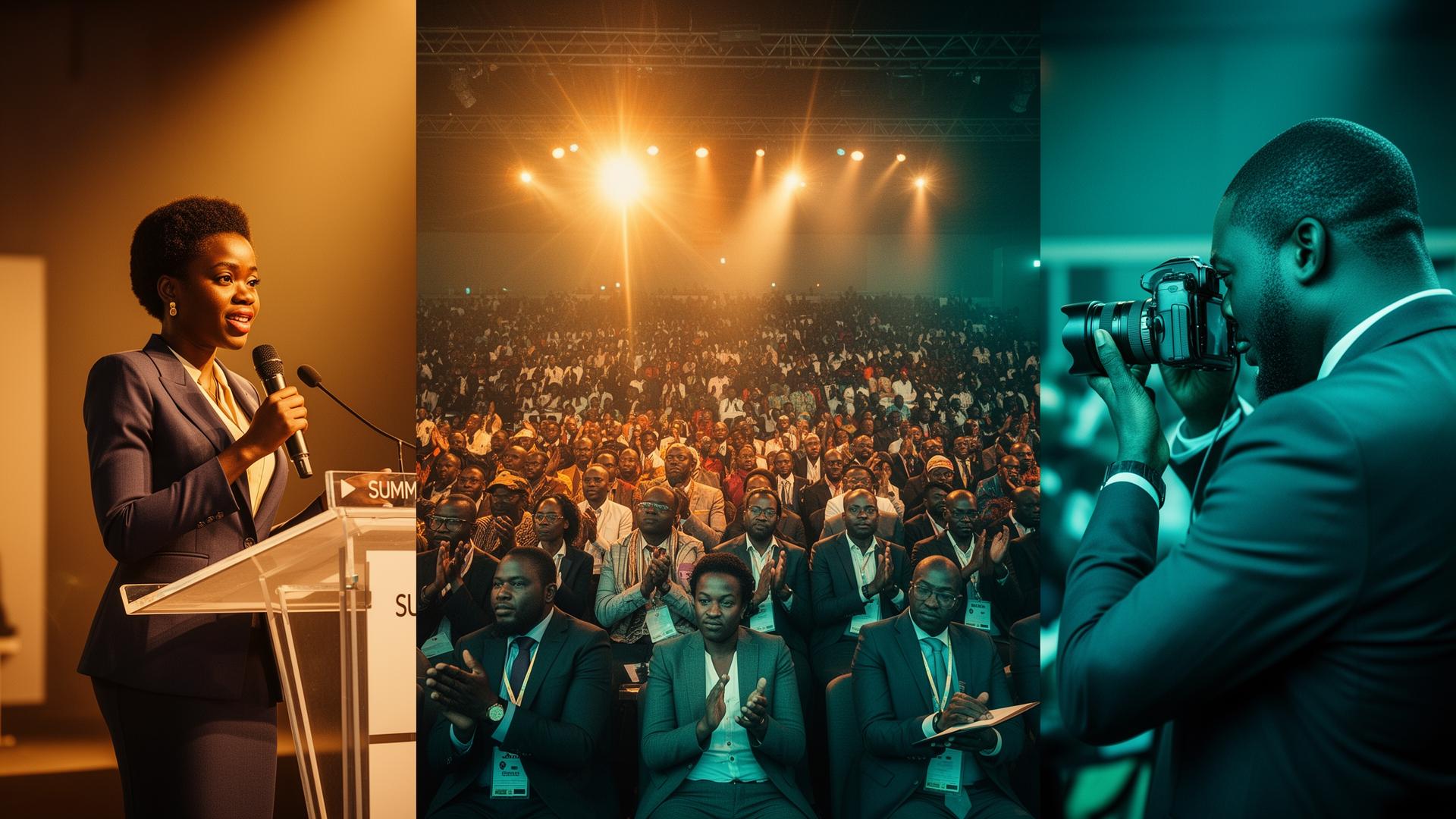 A triptych of summit moments — a Nigerian woman leader at the lectern, an engaged delegate audience under stage lights, and press photographing the event