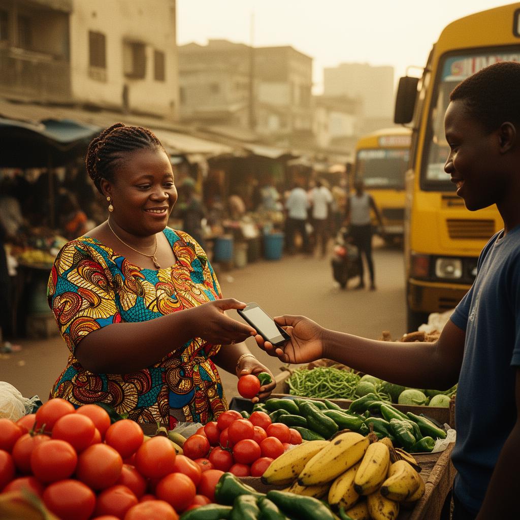 A Nigerian market trader in Ankara print accepting a mobile-money payment on a smartphone at her produce stall in Lagos