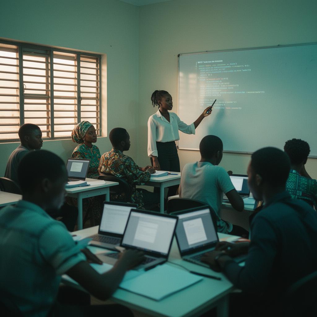 A young Nigerian instructor teaching coding to attentive students with laptops in a digital skills classroom