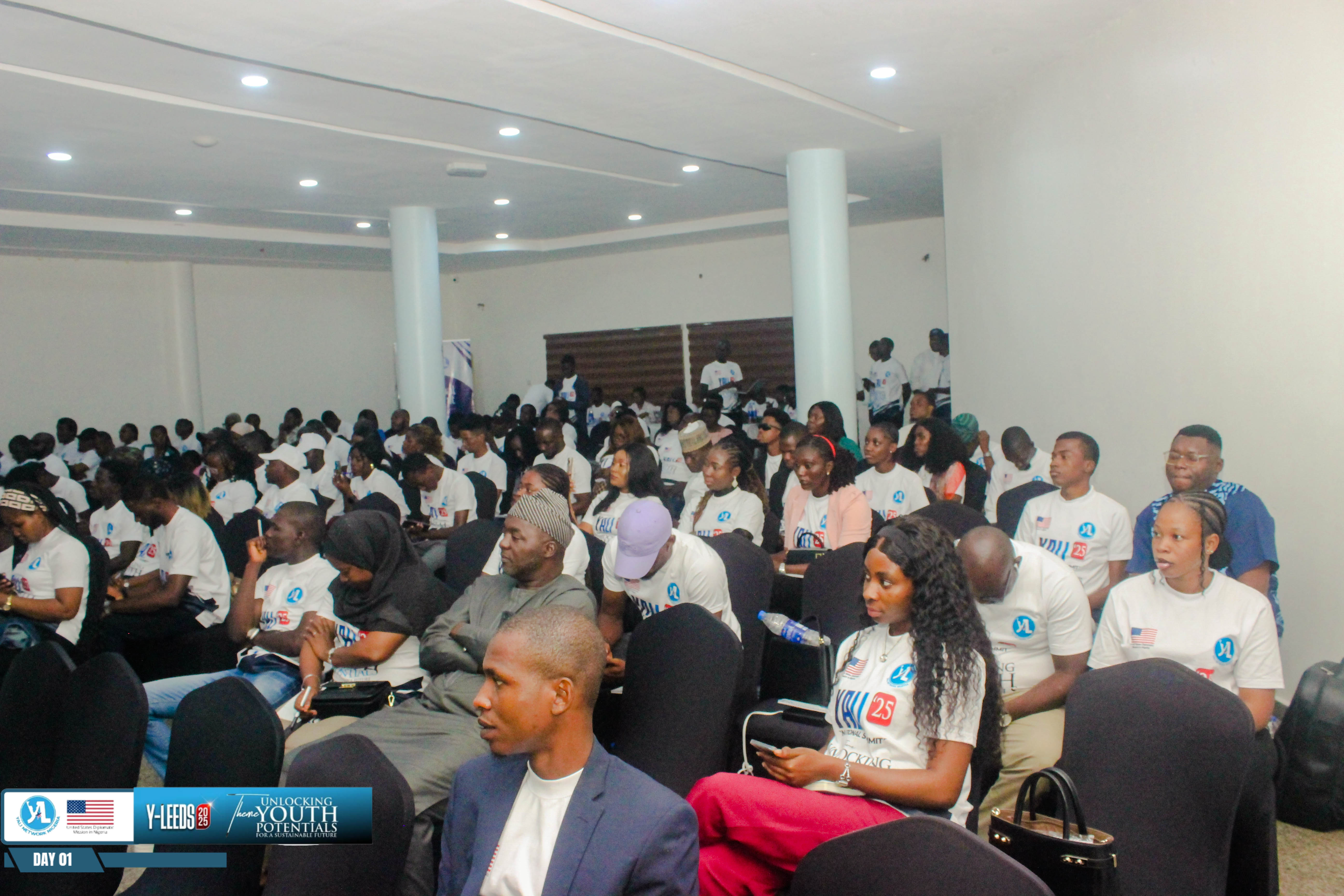 A packed audience of YALI delegates in conference seating at Y-LEEDS 2025
